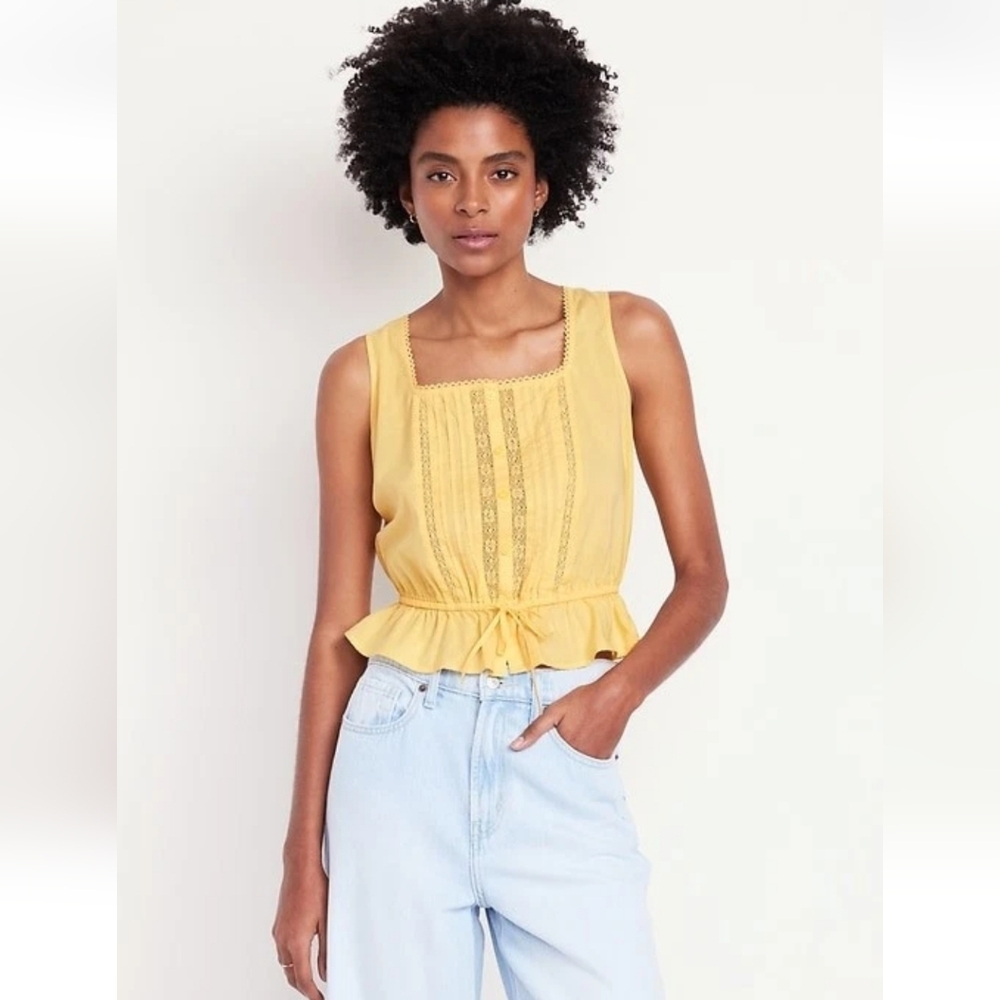 Yellow Lace-Trim Drawstring Peplum Button Front Tank Cottage Western Festival XL